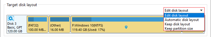 Disk layout strategy selection dropdown showing Edit disk layout, Automatic disk layout, Keep disk layout, and Keep partition size options