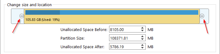 Change size and location section with a progress bar and draggable sliders for adjusting partition size and position