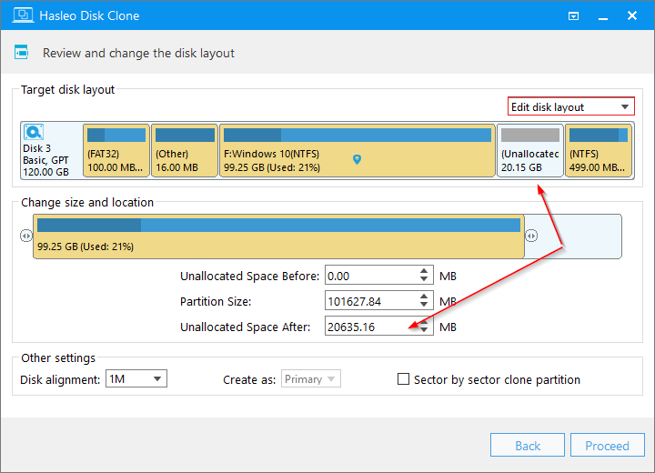 Edit disk layout mode interface showing the partition adjustment controls