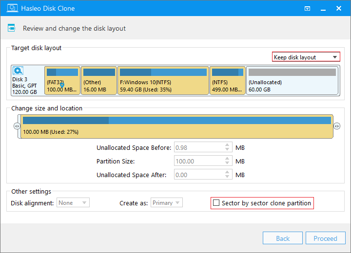Keep disk layout mode preserving the source disk original partition structure