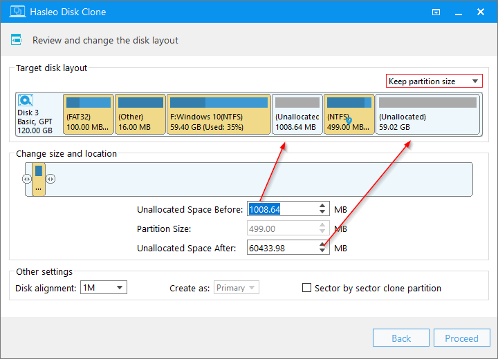 Keep partition size mode showing locked partition sizes with adjustable position offsets