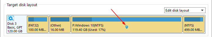 Colored progress bar showing partition layout on the target disk with a blue pointer icon indicating the selected partition
