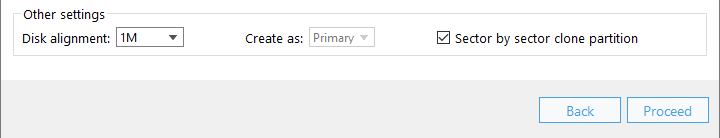 Sector by sector clone partition checkbox option in the Other settings section