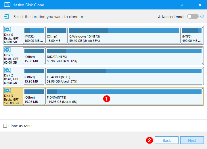 Target disk selection interface showing available disks with their capacity information