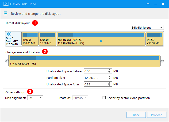Hasleo Disk Clone partition adjustment interface showing three sections: Target disk layout, Change size and location, and Other settings
