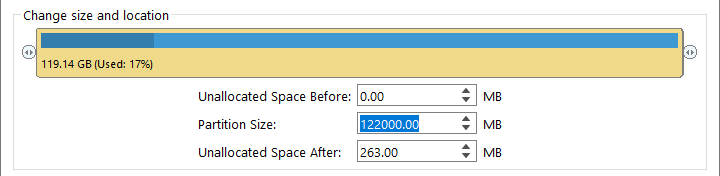 Three numerical input boxes for precise partition adjustment: Unallocated Space Before, Partition Size, and Unallocated Space After