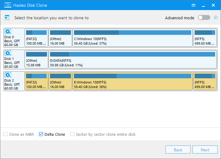 select destination disk for delta clone