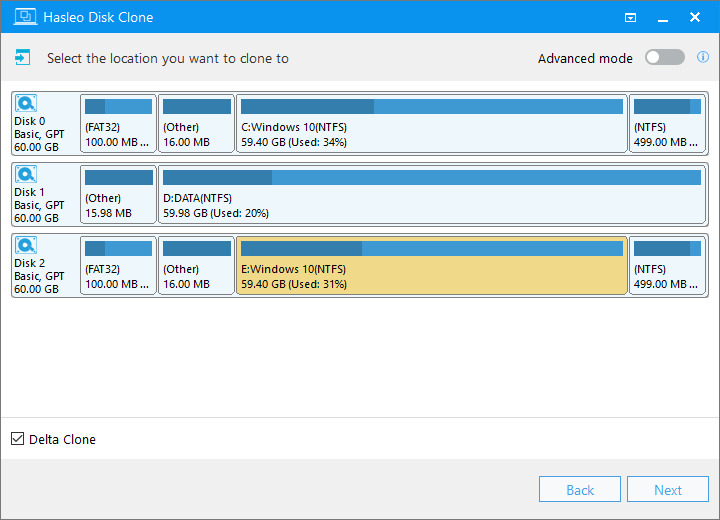 select destination partition for delta clone