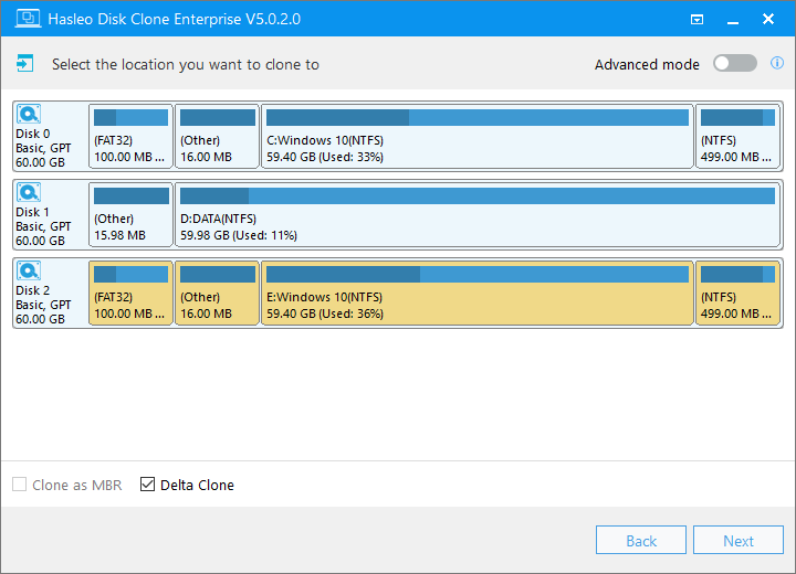 select destination disk for delta clone