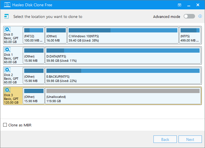 select destination disk for disk cloning
