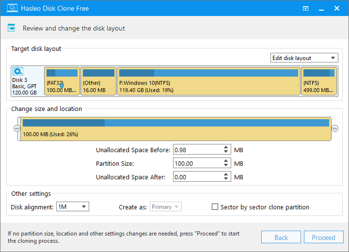 edit disk layout for disk cloning