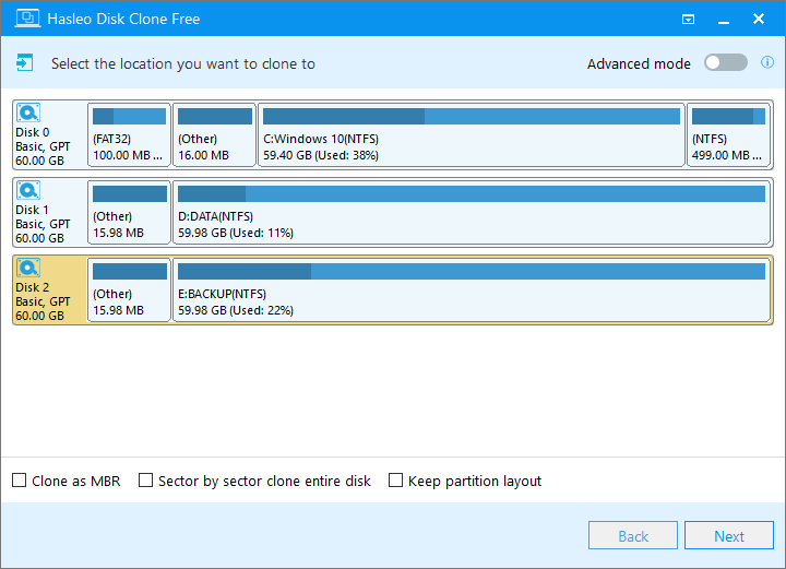 select destination disk for disk cloning