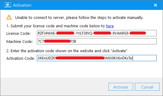 enter offline activation code