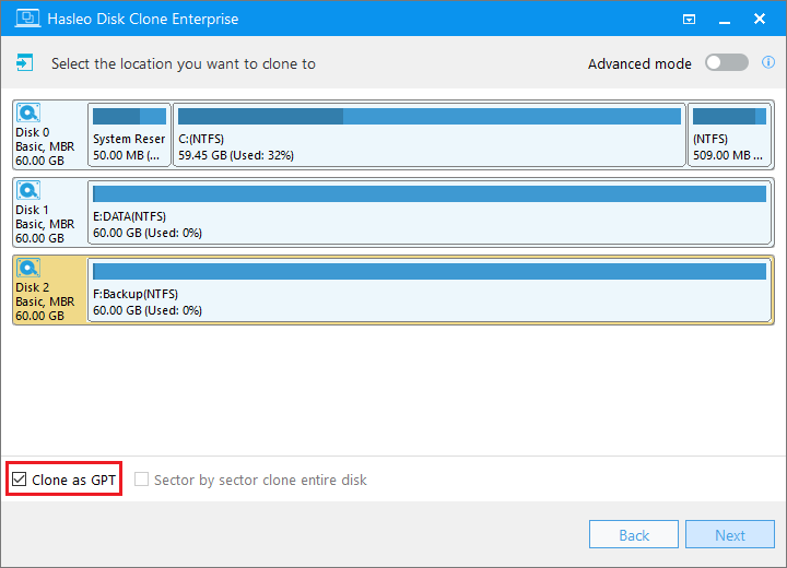 select destination disk