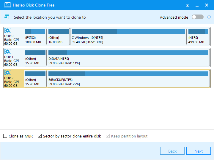 sector by sector clone disk select destination disk