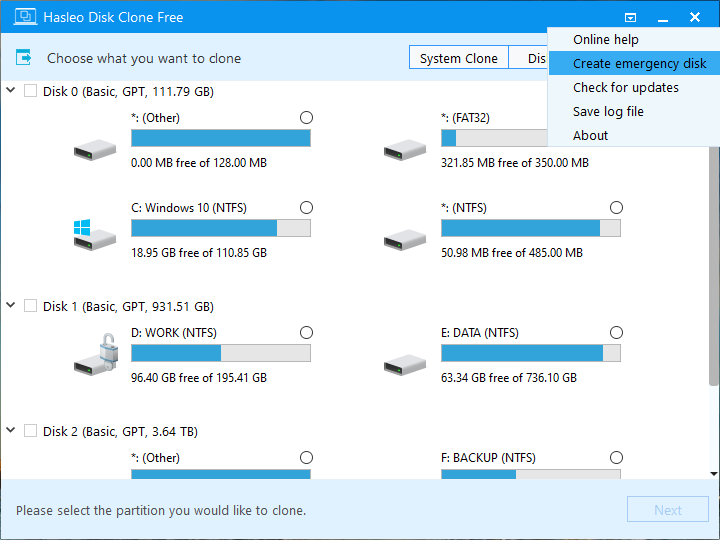 select create emergency disk