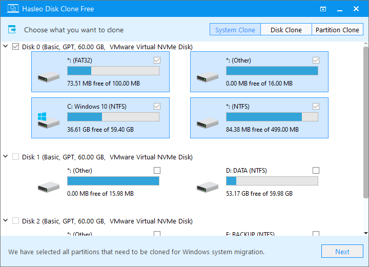 auto select partitions for Windows 10 migration