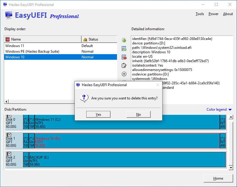 Confirm deletion of the BCD boot entry.