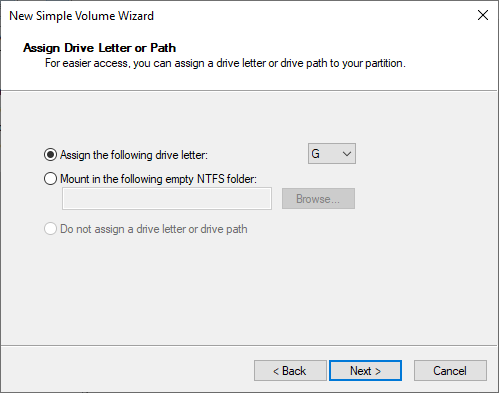Assign a drive letter for newly created partition