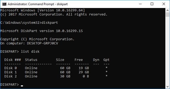 list disk in diskpart