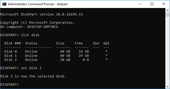 select disk in diskpart