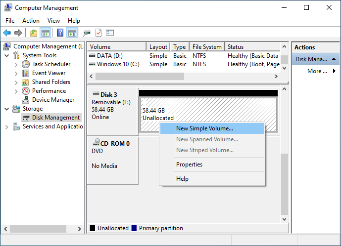 select new simply volume for first partition