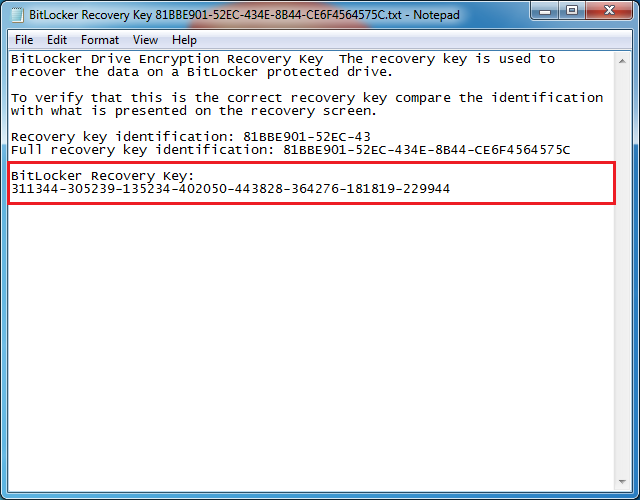 BitLocker recovery key in Windows 7/vista