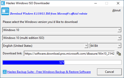 Downloading Windows 10 installation ISO