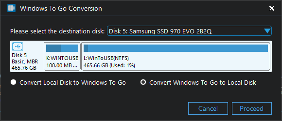 select convert Windows To Go to local disk