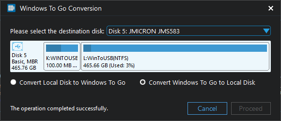 Windows To Go to local disk convertiong complete