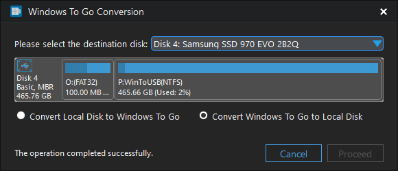 Windows To Go to local disk convertiong complete