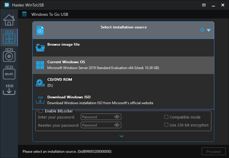 Select installation source for Windows To Go