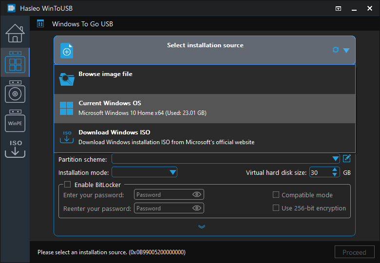 Select installation source for Windows To Go