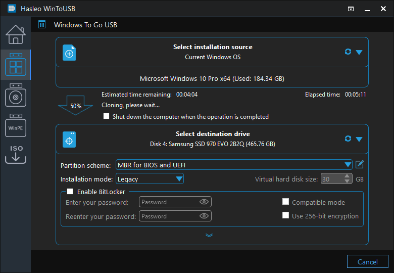 clone currently running Windows as Windows To Go