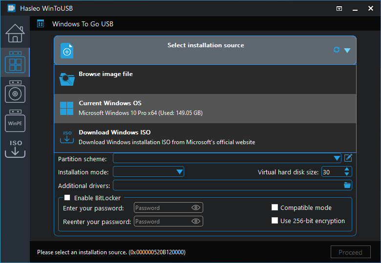 Select installation source for Windows To Go