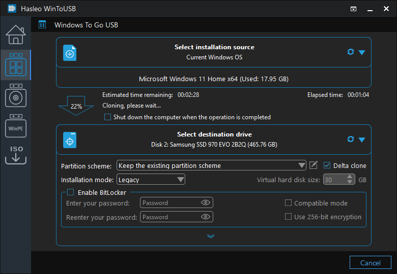 delta cloning Windows to USB