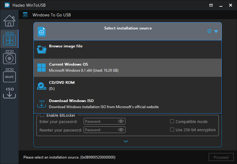 Select installation source for Windows To Go