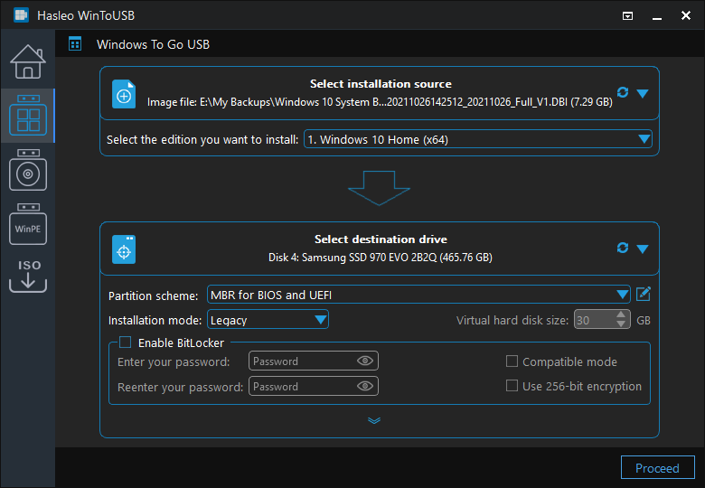 Select partition scheme and installation mode