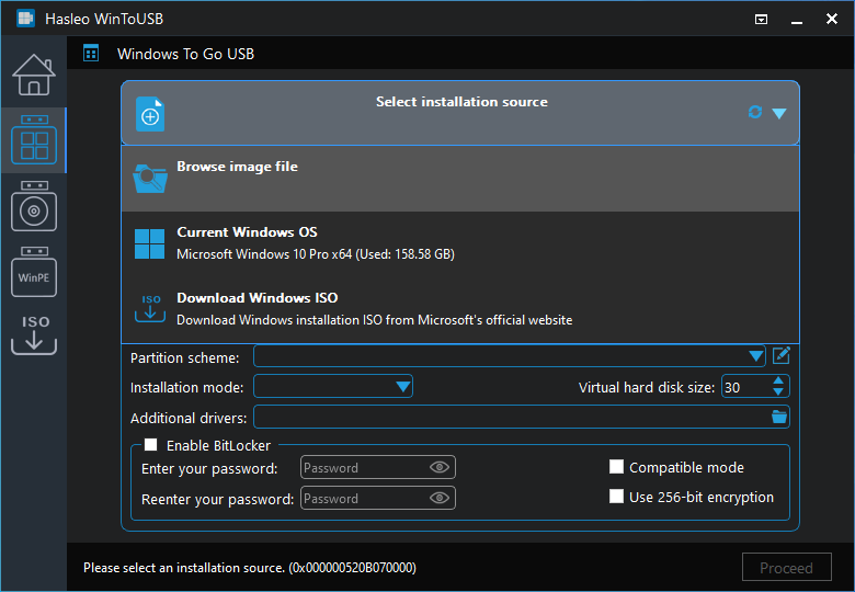 Select installation source for Windows To Go