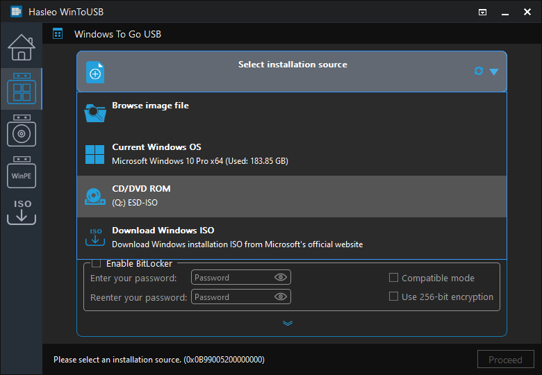 Select installation source for Windows To Go