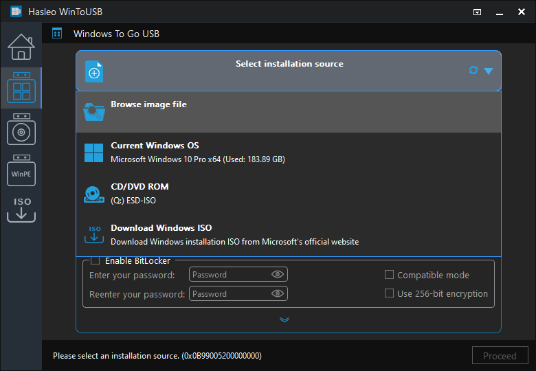 Select installation source for Windows To Go