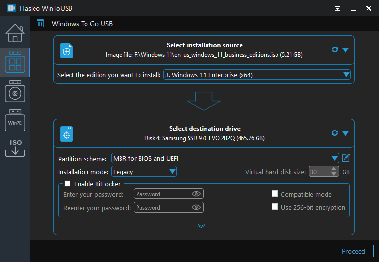 Select partition scheme and installation mode