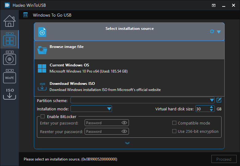 Select installation source for Windows To Go