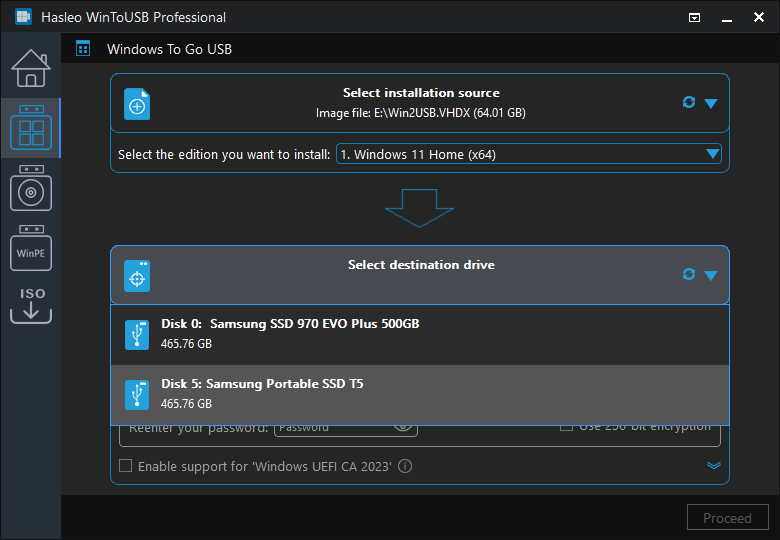Select target USB drive