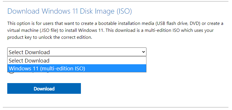 Choose which edition of Windows 11 to download