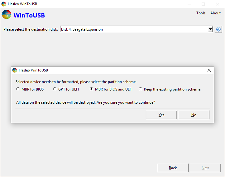 select partition scheme for Windows To Go