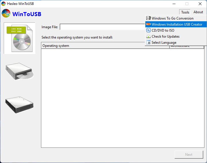 select Windows installation USB menu