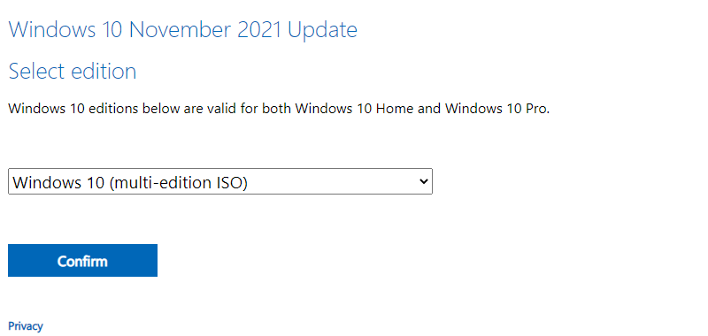 Choose which edition of Windows 10 to download