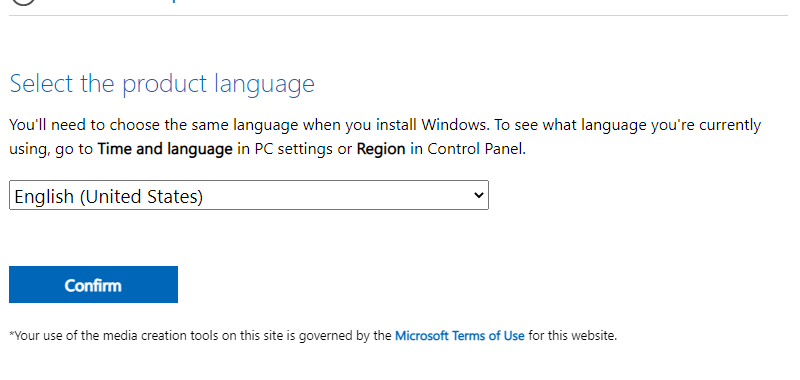 Select the product language for Windows 10