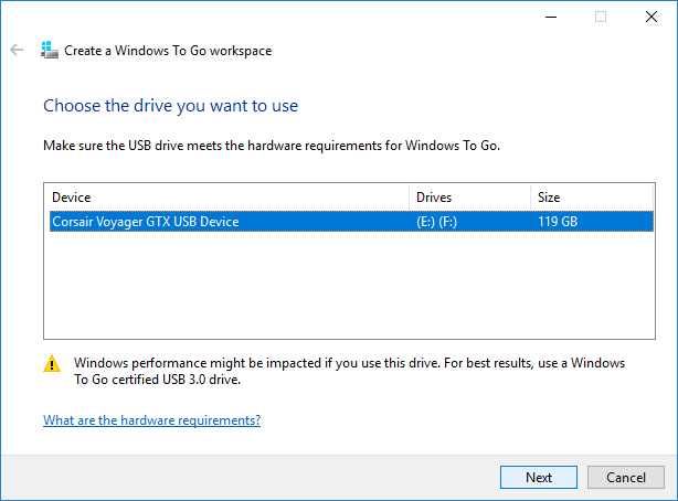Select drive to create Windows To Go